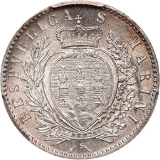 SAN MARINO 1898-R  50 CENTESIMI SILVER COIN GEM UNCIRCULATED PCGS CERTIFIED MS65