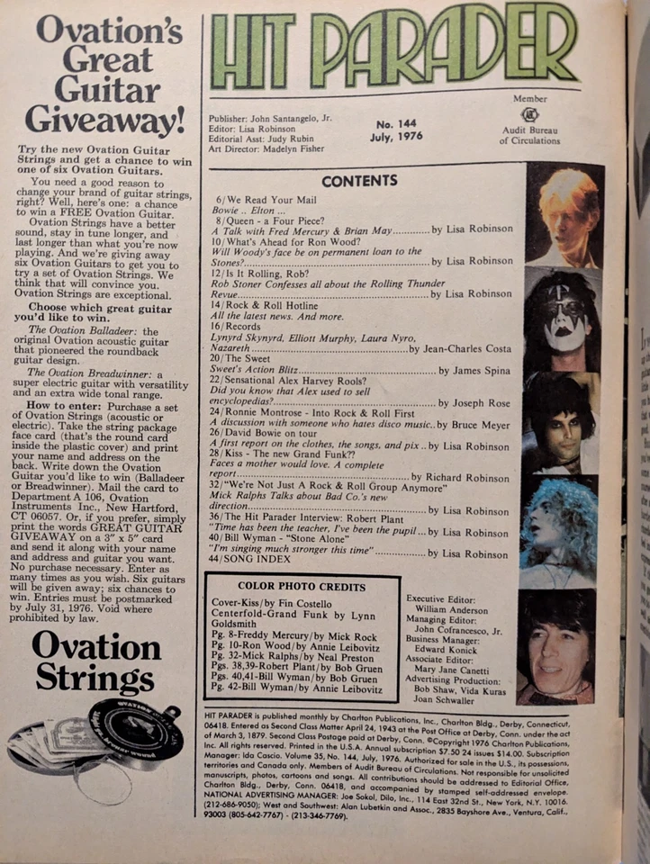 Hit Parader Magazine July 1976 KISS, Queen, Led Zeppelin, Bad Co., Bowie, Sweet - Image 3 of 4