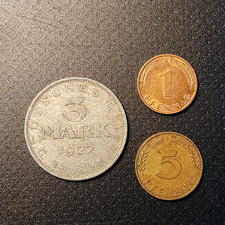 THREE VINTAGE GERMAN COINS - 1922 3 MARK, 1950 5 PFENNIG, AND A 1979 1 PFENNIG