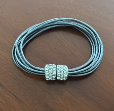 Glamorous Rhinestone  Grey Leather Magnetic Closure Bracelet