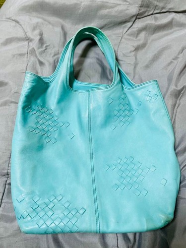 Authentic Bottega Veneta Intrecciato Handbag 131673 Light Blue Lambskin Leather