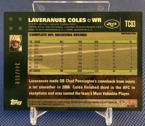 2007 Topps Chrome Laveranues Coles WHITE REFRACTOR 023/869 #TC83 - Picture 2 of 2