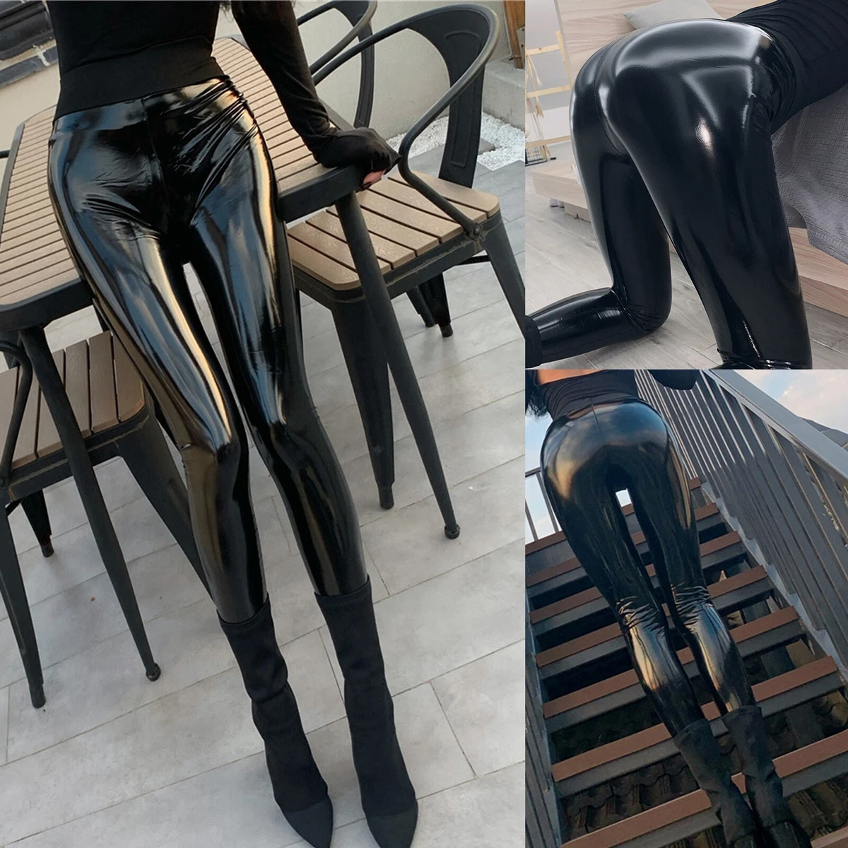 Womens Faux Leather Leggings Dance Shiny Leather Pants Stretchy