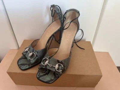 GUCCI Sandales À Talon À Bout Ouvert En Dentelle, Femmes, Bleu Vert, EU 7 - Photo 1/4