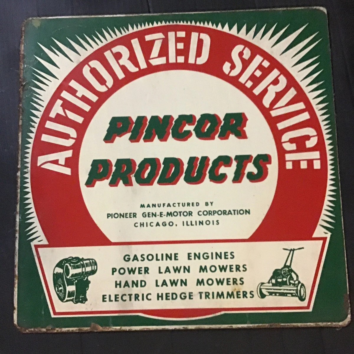Vintage Pincor Products Lawn Mower Metal Advertising Sign Pioneer Generator 13