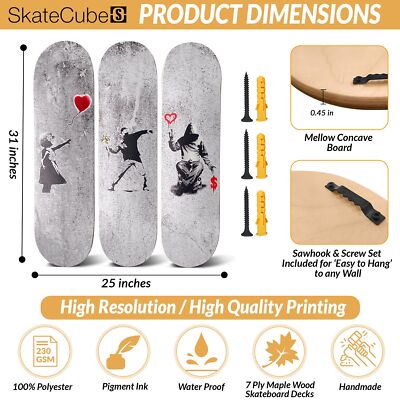 Skateboard Canvas Wall Art - Banksy 3 Piece Set on 7 Ply
