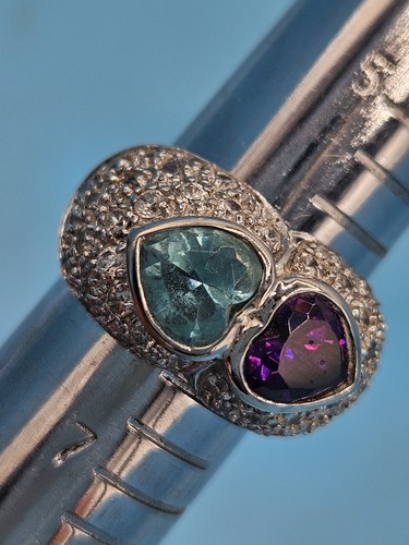 925 Silver Lab Created Purple and Green stone Heart Ring Size 6 in Box Thailand - Picture 12 of 16