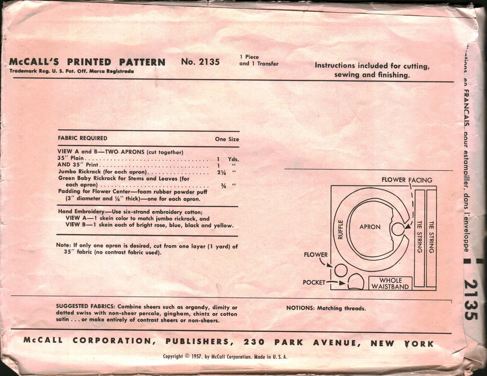 2135 Vintage McCalls Sewing Pattern Misses Instant Half Apron Pockets OOP 1950's - Image 2 of 2