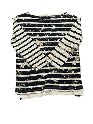Crewcuts Gold Splatter Striped Shirt in navy blue and white. Crew neck, 100% cot