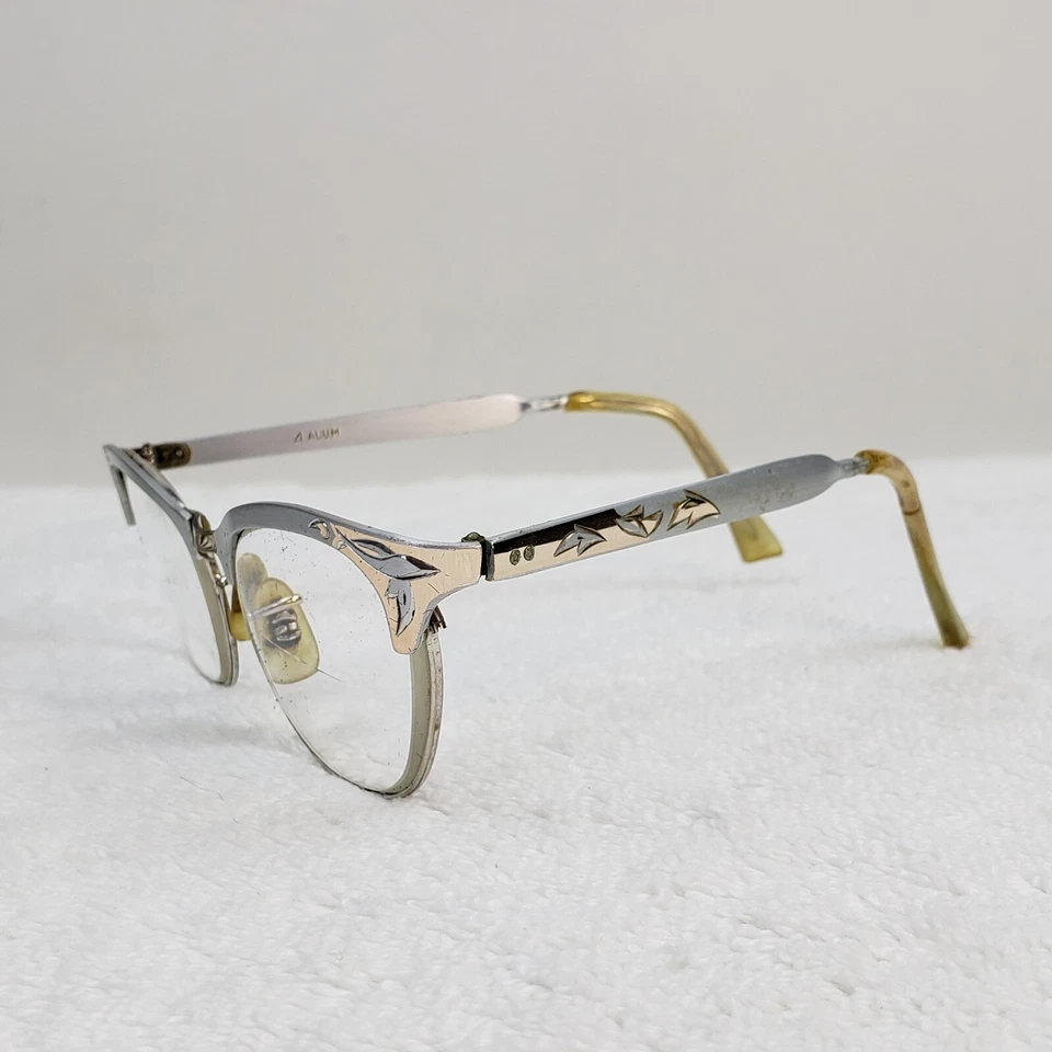 Monturas de gafas Cateye Browline de colección verdaderas 12kt GF aluminio plateado  Foto 3 de 4