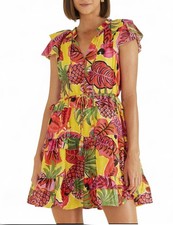Farm Rio 100% Cotton Tropical Floral Fruit Ruffle Mini Dress - Large