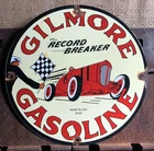 VINTAGE 1939 DATED GILMORE GASOLINE RECORD BREAKER PORCELAIN GAS OIL SIGN