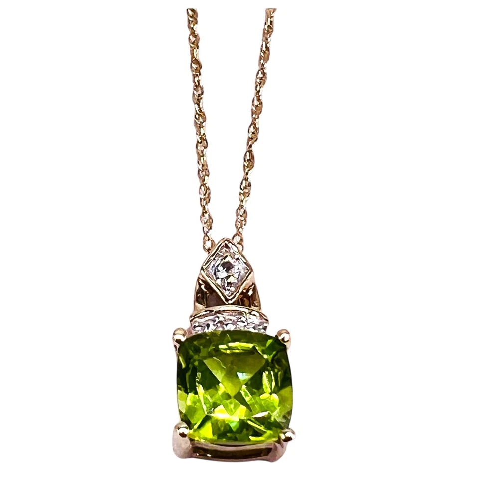 Green Peridot Cushion Cut Diamond 10k Yellow Gold Pendant Necklace 18" -1681 - Image 4 of 4