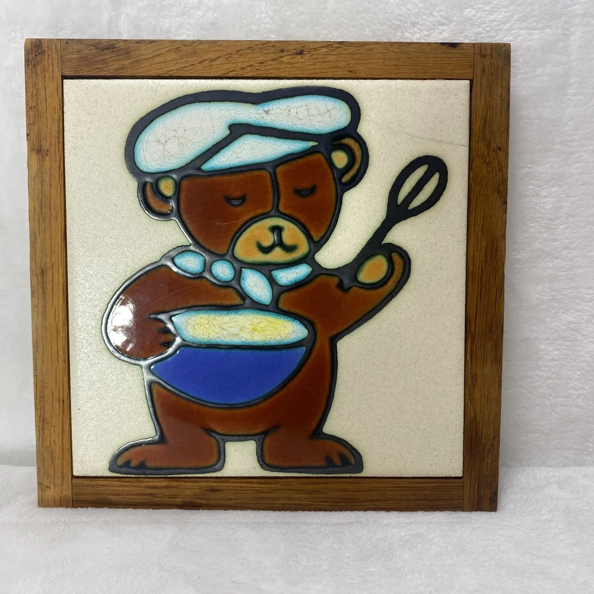 Teddybär Keramikfliese gerahmt Kochplatte Vintage Retro Mama’s Küchenhelferin