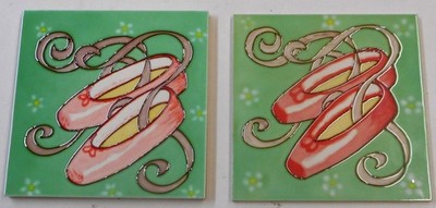 Ballet slippers two  hand painted ceramic art tile 8 x 8 inches with back