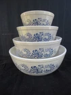 Pyrex Homestead Mixing Bowls. Tan+ Blue. Full Set of 4: 401,402,403,404