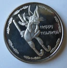 HAPPY HOLIDAYS MERRY CHRISTMAS 1 TROY OZ .999 FINE SILVER ROUND SKIING RABBIT