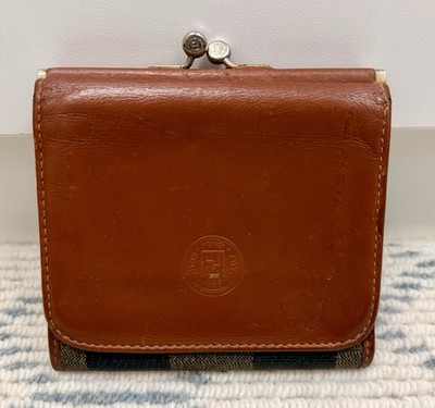 FENDI Vintage Rare Classic Pequin Striped Brown Leather Kiss-Lock Wallet Roma
