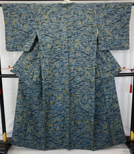 Japanese Vintage Kimono Silk Navy Tumugi Traditional Authentic Length 62 in