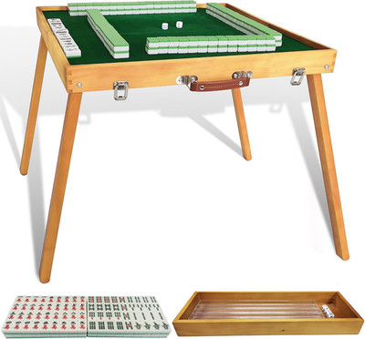 Foldable Mahjong Table with Mahjong Tiles Set,Portable Majong Table with 144Pcs 