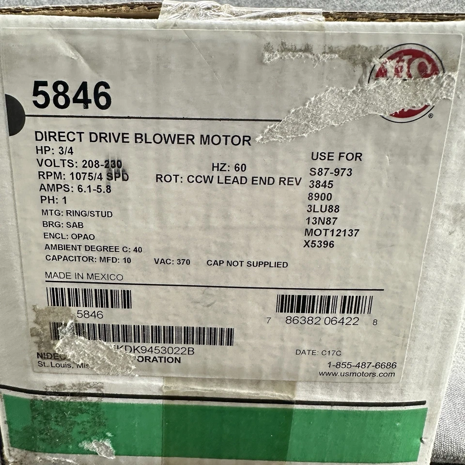 U.S. Motors Nidec 5846 Motor 3/4 Hp 1075 RPM Direct Drive Blower Furnace HVAC - Image 2 of 4