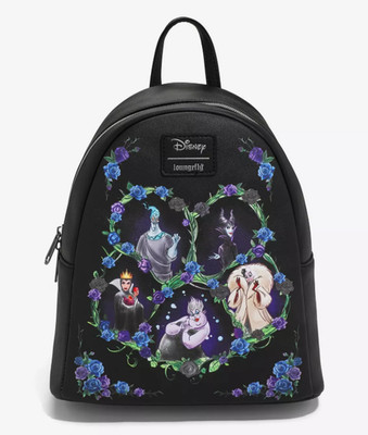 Loungefly Mini Backpack: VILLAINS DARK FLOWERS Black Purple Ursula Cruella Queen