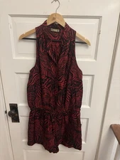 Sunner Women’s 100% Silk Red Black Sleeveless Romper Pockets Size Large