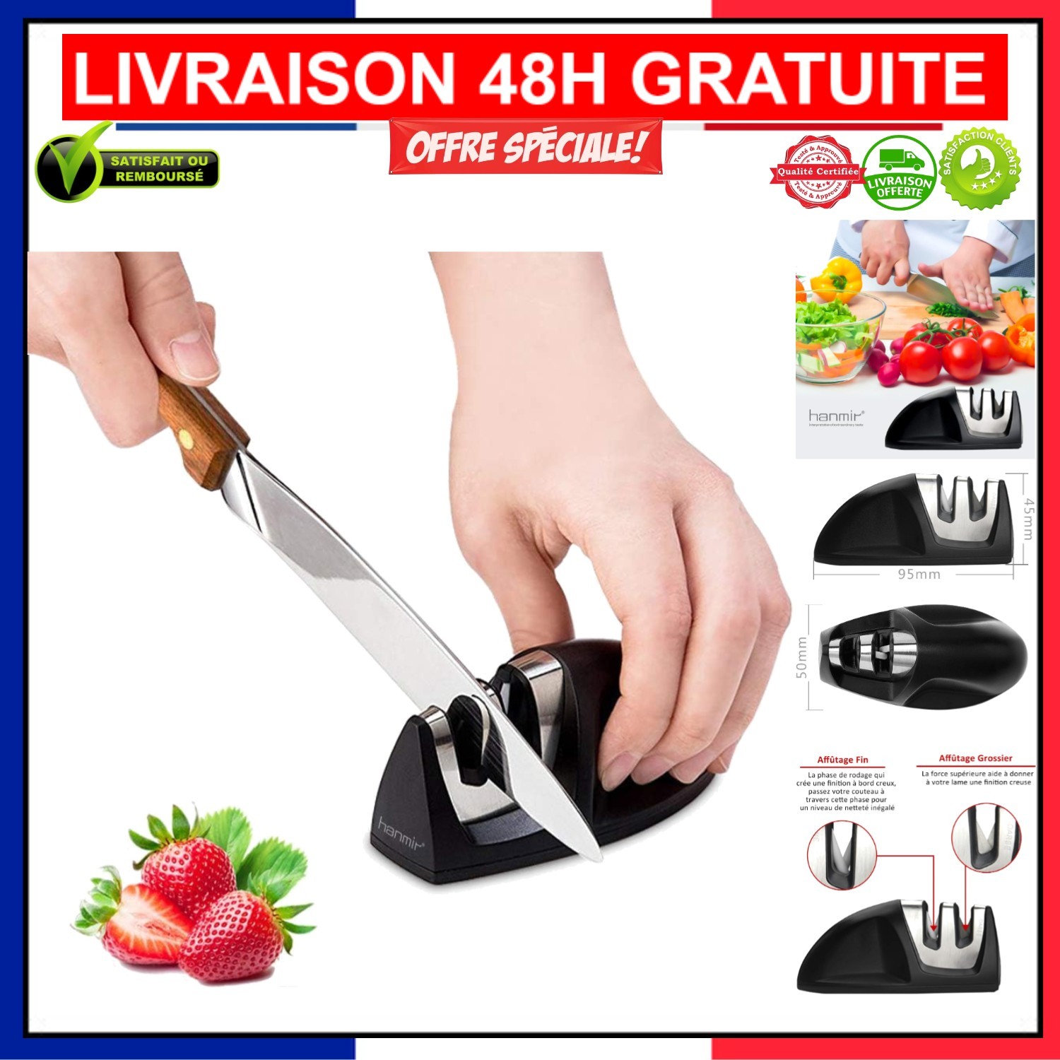 Aiguiseur de cuisine rapide à double fente d'affûtage en céramique
