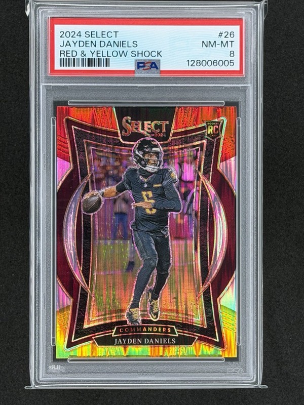 2024 Panini Select -Jayden Daniels #26 Red & Yellow Shock Prizm (RC) PSA 8