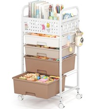 4 Drawer Rolling Storage Cart with Pegboard Top and Hooks, Brown  Mobile Org...