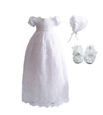  Langes Spitze Taufkleid Haube und Schuhe 0-3 3-6 6-9 Monate weiß elfenbein 