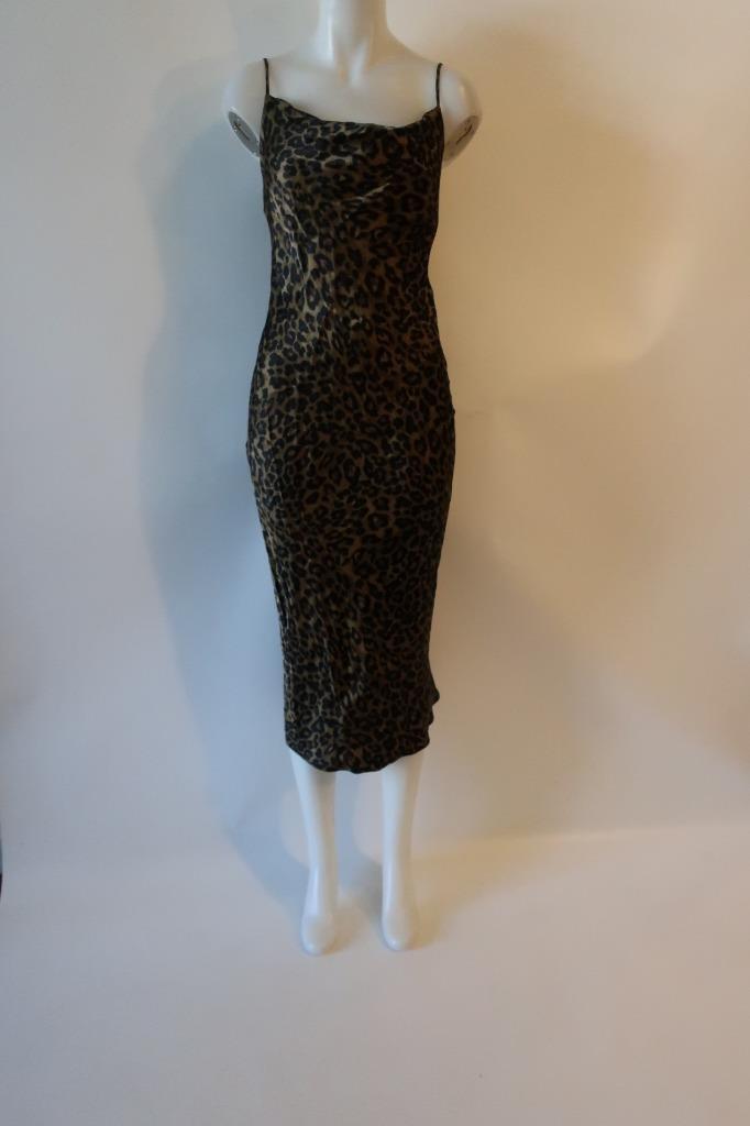 Womens Zara Black Brown Spaghetti Strap Cheetah Print Cowl Midi Slip Dress  XS