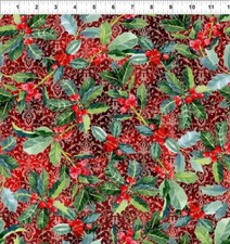 Feline Drive Fabric Winter Around the World Holly Red Christmas Sold By the Yard
