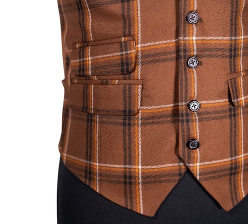 Mens Waistcoat Suit Lapel Vest 40R Brown Orange Plaid Wool Formal Wedding Party - Picture 6 of 9