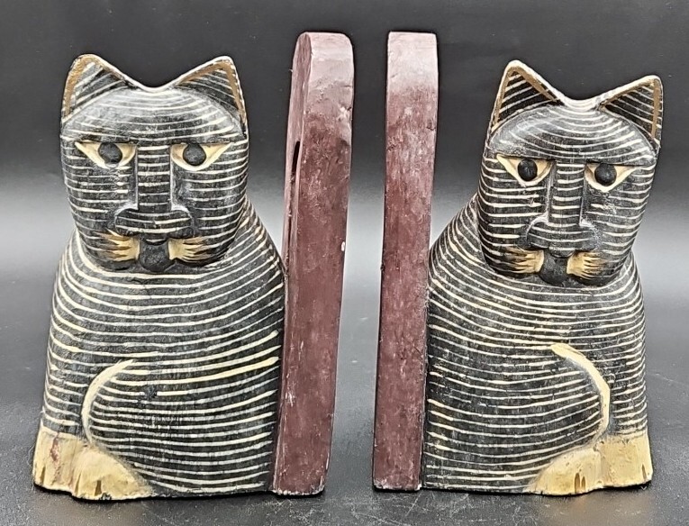 Vintage Laurel Burch Folk Art Wood Painted Striped Painted Cat Bookends