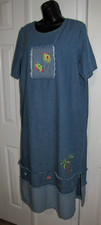 VTG 90's Maxi Denim Dress Women Embroidered Short sleeve Blue Lasting Comfort L