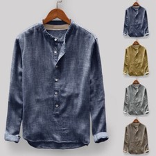 Tops Men Button Down Collarless Cotton Linen Lapel Neck Long Sleeve Mens