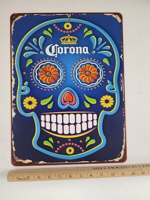 Corona Beer Sugar skull Metal Beer Sign Mexican Mexico Bottle 16x12 