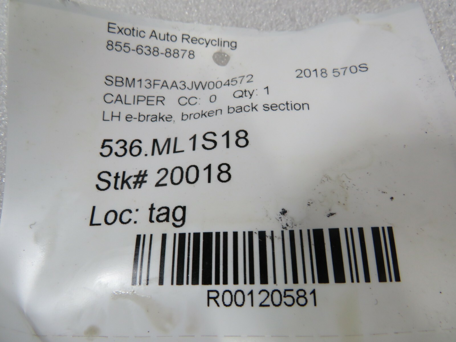McLaren 570S, LH, Left, E-Brake Caliper, Used, Damage