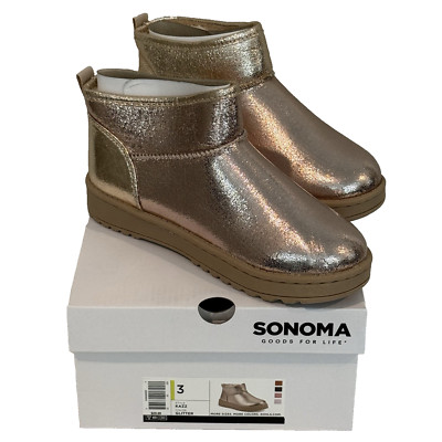 Sonoma Kazz Glitter Gold Ankle Boots Big Girls 3 Shoes Faux Fur Lining NIB NEW