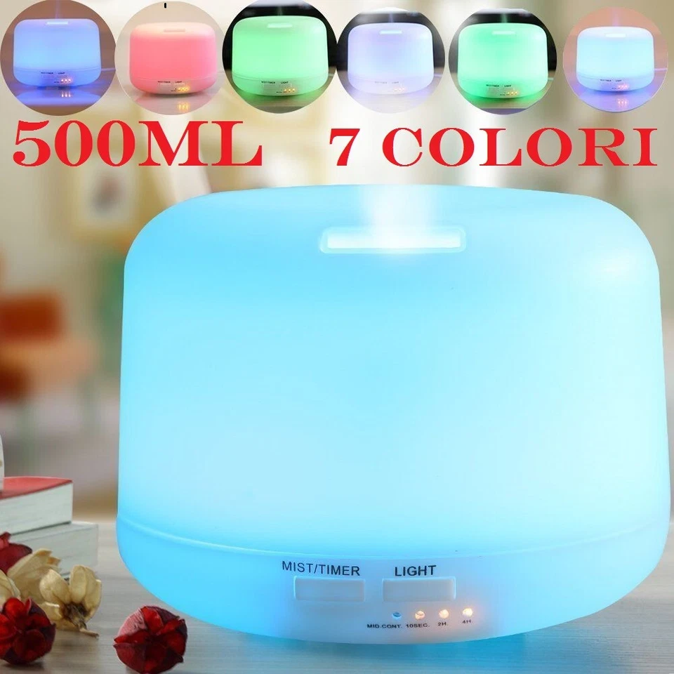 DIFFUSORE DI AROMI 500ML AROMATERAPIA 7 LED UMIDIFICATORE ULTRASUONI DEPURATORE  - Immagine 2 di 4