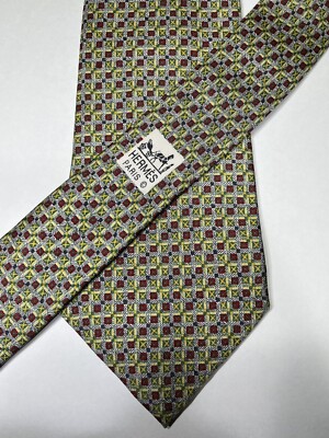 Hermes Paris 100 Silk Tie - Red/Green/Yellow Geometric - 7711 OA Made In France