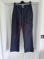 Zara Size 8 Black High Waisted Cargo Pocket Wide Leg Trousers Pants Denim Jeans 