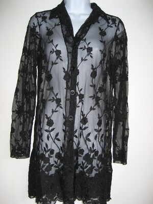 LORENA CONTI PARIS BLACKSHEER LACE LONG SLEEVE BUTTON FRONT COLLAR BLOUSE SIZE 2