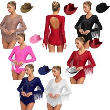 Women Bodysuit Tango Dancewear With Hat Unitard Rhinestones Costume Skating