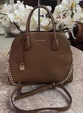 Michael Kors Brown Pebbled Satchel Chain Accents Detachable Strap Top Handle