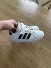 adidas Grand Court Kids US 12 White/Black Low Top Hook Loop Strap Sneaker