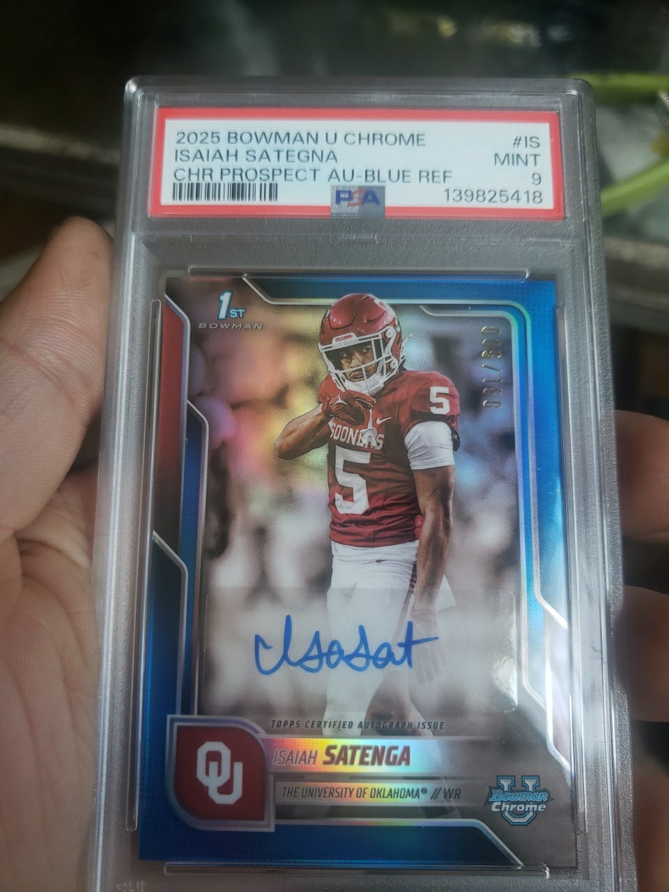 2025 Bowman Chrome u 1st Isaiah Satenga Auto Blue /150 Oklahoma Sooners
