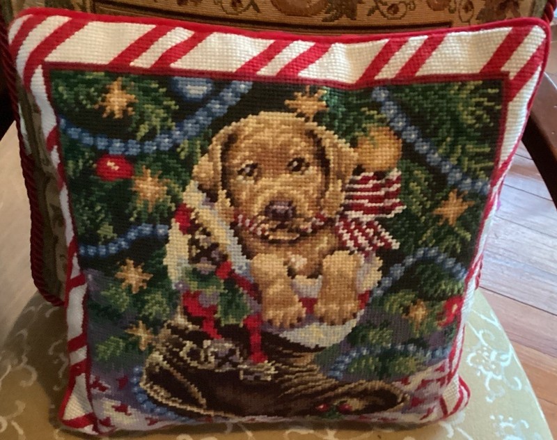 VTG Needlepoint Pillow Christmas Puppy Dog in Stocking Boot Yellow Lab 13.25"