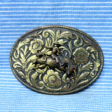 Western Bronc Riding Cowboy Belt Buckle Floral Scroll Rodeo Vtg 80s .TYC594